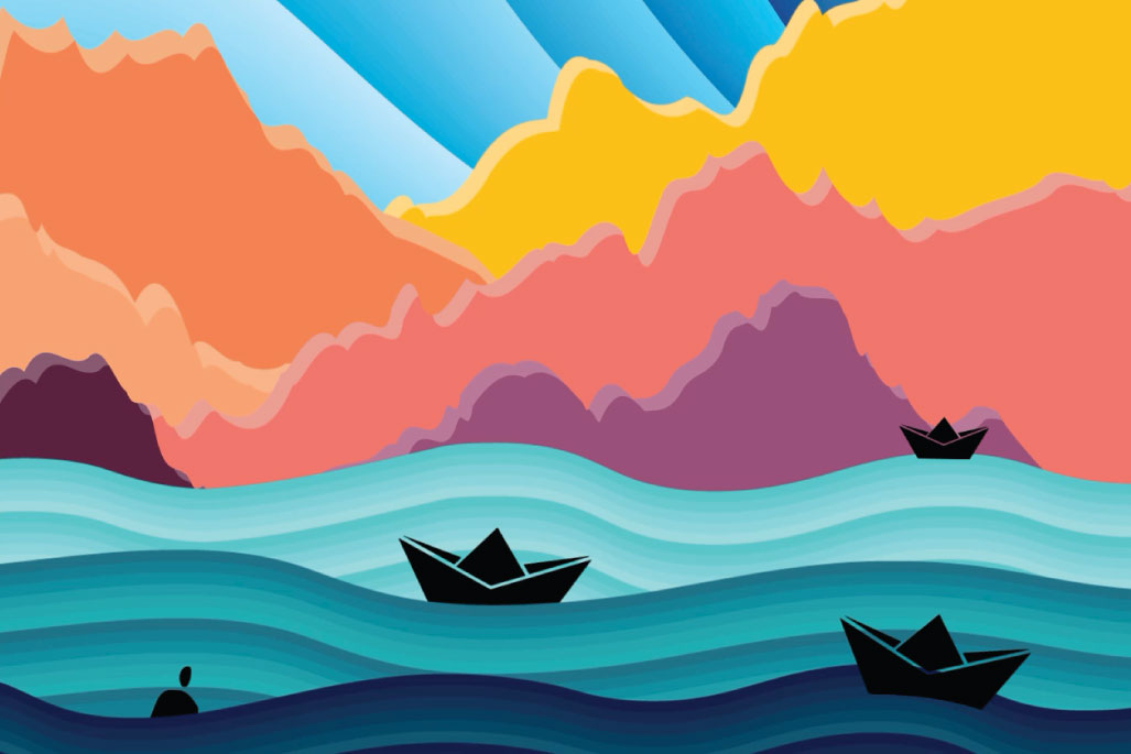 Preview image of Ownsome #3 NFT art, featuring bold colors and patterns in a landscape setting with origami ships and a lone swimmer