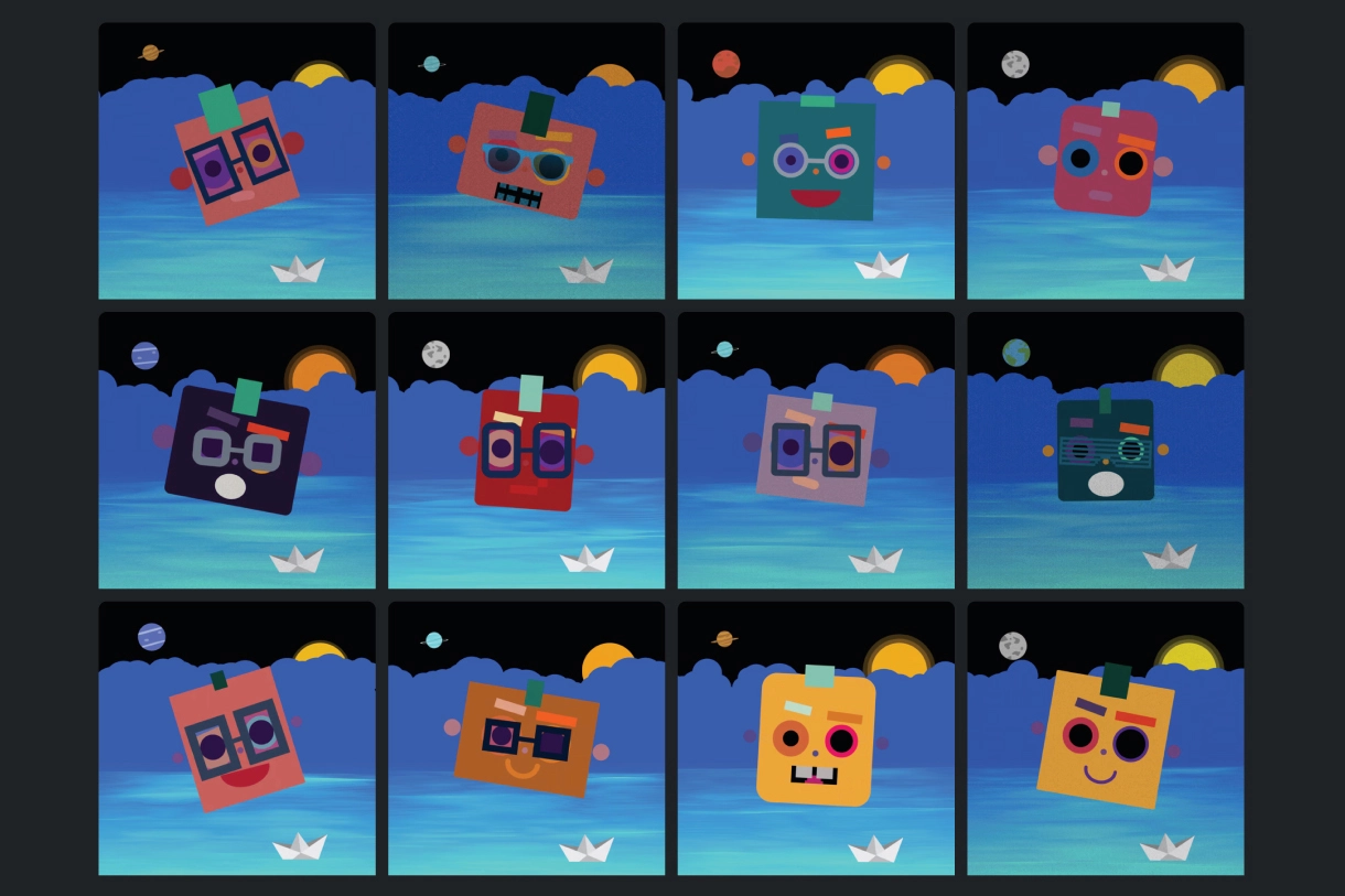 Cover image of the Sail-o-bots NFT collection by Sturec featuring unique digital artworks with animations, coding, and design